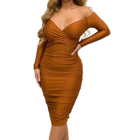 Sexy Ruched Bodycon Midi Dress Off Shoulder Long Sleeve Fall Wedding Guest - Picture 1 of 6